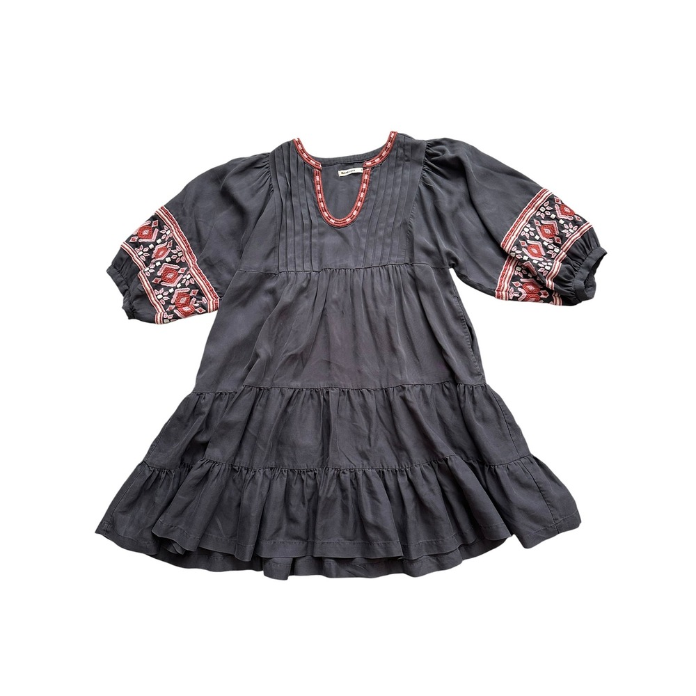 Boho Marine Layer Embroidered Tiered Tencel Mini Dress S Grey Pintuck Babydoll
